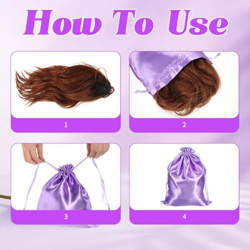 SynHHergyx Wig Storage Bags, 2 Pcs Silk Satin Drawstring Bags Portable Small Wig Travel Bag for Packaging Wigs, Bundles, Hair Extensions (Black, Purple) - Image 3