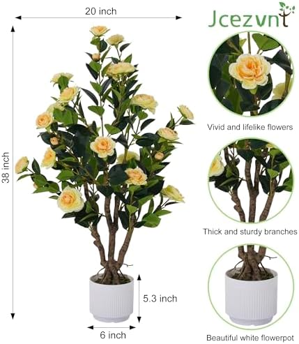 2 Pack Artificial Camellia Tree with White Pot, 38" Faux Potted Plants for Indoor Outdoor Decor, Tall Silk Greenery Plant for Home Offce Living Room Balcony, Yellow - Image 3