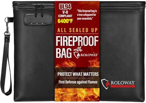 ROLOWAY Fireproof Document Bag (14.5 x 11.5 inch), 6400℉ Fireproof Money Bag with Zipper for Cash, Fire Safe Money Pouch with Lock (Black) by ROLOWAY