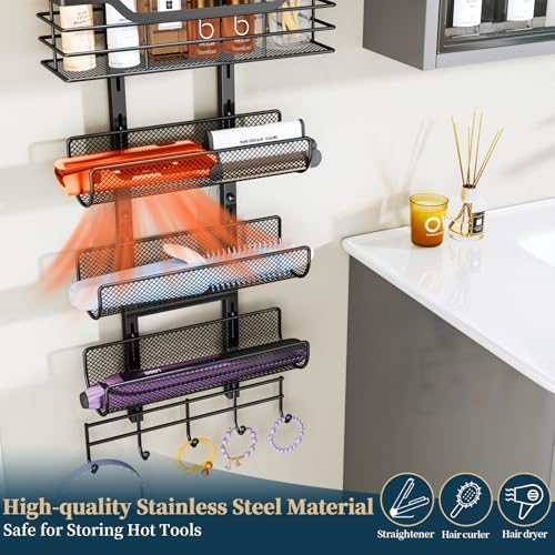 Consumest 6-Tier Hair Tool Organizer - Hair Dryer Holder Over The Door/Wall Mounted DIY Adjustable Shelf Bathroom Door Organizer with Hook for Curling Iron/Blow Dryer/Straightener Black - Image 6