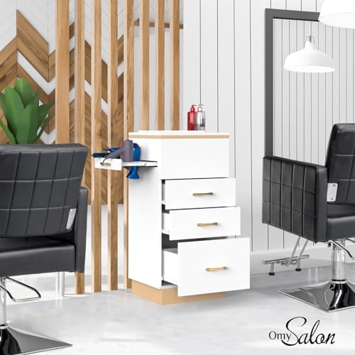 OmySalon Salon Storage Station, Barber Stations Beauty Salon Spa Equipment with 3 Drawers, a Storage Basin, 3 Hair Dryer Holders for Hair Styling, White Gold - Image 2