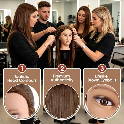 Mannequin Head with 80% Real Hair, 26'' Hairdresser Practice Styling Training Head Cosmetology Manikin Doll Head with Clamp Holder, DIY Braiding Set (Amber Brown) - Image 4