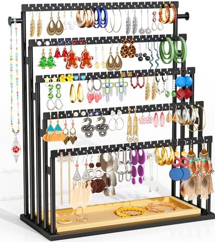Earring Holder Organizer, 5-Tier Step Jewelry Display Stand with Metal Frame and Wooden Storage Organizer, Large Earring Holder for Studs, Hoops, Dangles, Modern Jewelry Organizer for Women by TIPSYTREE