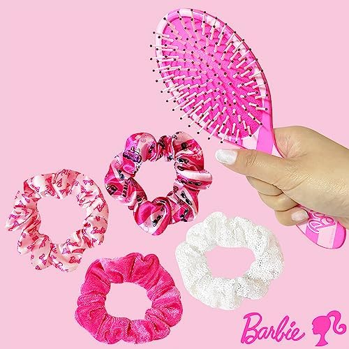 Barbie Hair Accessory 5 Pcs Set - 1 Regular 9 inch Hairbrush & 4 Scrunchies - Detangling Brush Elastic Hair Ties Ropes, Ages 3+ - Image 2