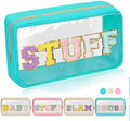Iqimott Clear Patch Makeup Bag Stuff Pouch, Preppy Personalized Chenille Letter Cosmetic Pouch for Travel, Nylon Waterproof Organizer Travel Essentials Zipper Toiletry Bags for Women Girls(Green) by Iqimott