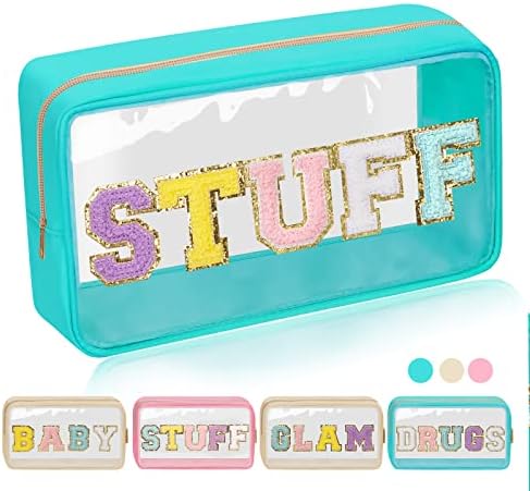 Iqimott Clear Patch Makeup Bag Stuff Pouch, Preppy Personalized Chenille Letter Cosmetic Pouch for Travel, Nylon Waterproof Organizer Travel Essentials Zipper Toiletry Bags for Women Girls(Green) by Iqimott