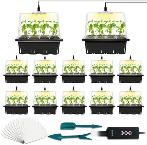 12-Set Seed Starter Tray with Grow Light, Seed Starting Trays Kits with Timing Controller Adjustable Humidity Domes Heightened Lids(12-Cells Per Tray) by LYDTICK