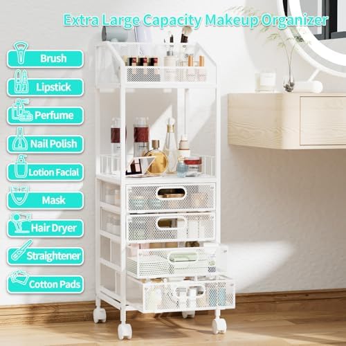 HapiRm Makeup Organizer Storage Cart - Floor Skincare Make Up Storage with 4 Drawers, Rolling Makeup Cart Vanity Organizer Cosmetics Display Cases Holder for Skin Care Perfume Nail Polish - Image 4