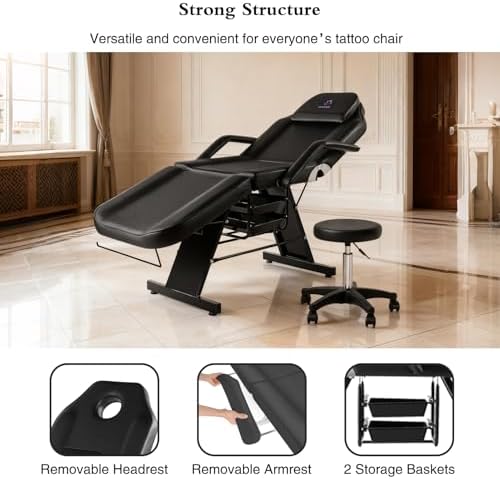 Facial Chair,73″ Tattoo Chair for Client,3-Section Adjustable Massage Table with Stool,Multipurpose Beauty Beds Salon Equipment for Esthetician,Tattooshop,Spa (Black) - Image 5
