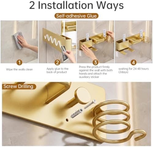 5 in 1 Hair Dryer Holder Hair Tool Organizer Metal Wall Mount (Gold) - Image 6