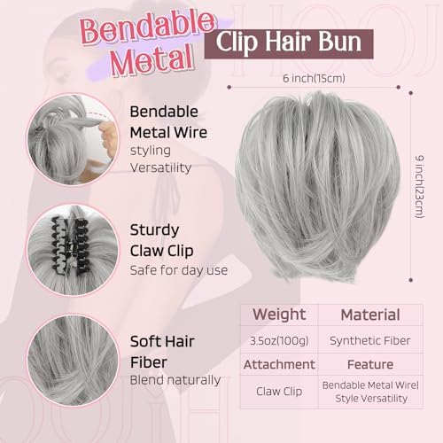 HOOJIH Messy Bun Hair Piece, Claw Clip in Straight Hair Bun 9 Inch Short Ponytail Extension with Bendable Metal Wire Hair Pieces for Women Fake Hair Bun DIY Styles - Silver Gray With Brown mixed - Image 2