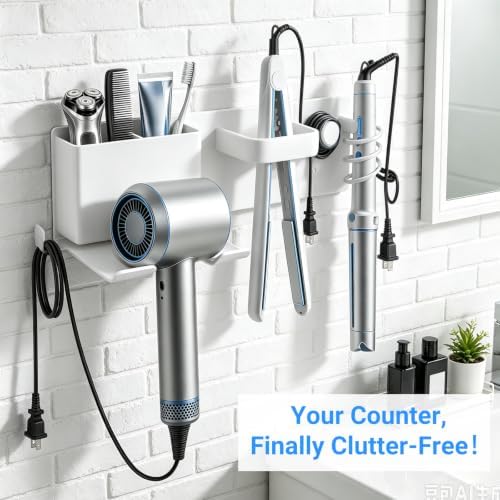 Hair Dryer Holder Wall Mount with 2 Storage Compartments, Aerospace Aluminum Blow Dryer Curling Iron Flat Iron Holder, No Drill Adhesive Bathroom Hair Tool Organizer, Heat Resistant (White) - Image 2