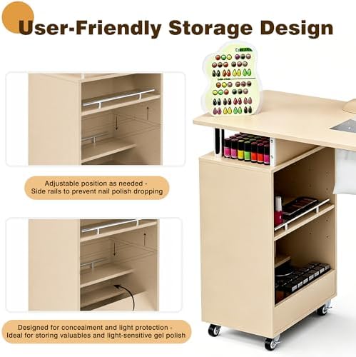 Manicure Table Nail Desk with Dust Collector & Wheels (Champagne) - Image 4