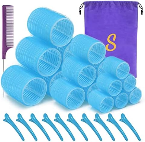 Self grip hair roller set,Hair roller set 18 pcs,Hair rollers with hair roller clips and comb,Salon hairdressing curlers,DIY Hair Styles, Sungenol 3 Sizes blue Hair Rollers in 1 set by Sungenol