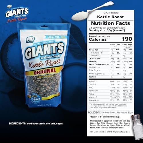 GIANTS Kettle Roast Sweet & Salty Sunflower Seeds - Sunflower Seeds Bulk, Sunflower Seed Snack to Eat, Roasted Sunflower Snack with 8g Protein Per Serving - 12 oz Bag - Image 2
