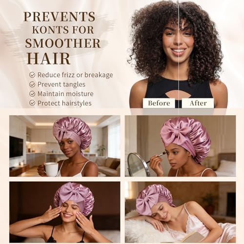 Silk Bonnet for Women, Satin Bonnet for Sleeping, Large Sleep Cap with Elastic Tie Band for Curly Hair, Pink - Image 7