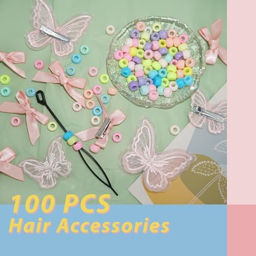 100PCS Hair Beads for Braids Peach Small Hair Bows Embroidery Butterfly Hair Clips Colorful Gradient Pony Beads Loc Jewelry for Women Girls - Image 3