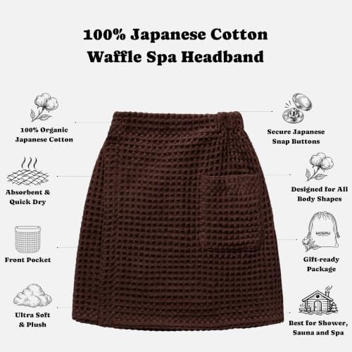 Luxury Organic Japanese Cotton Waffle Body Towel Wrap for Men | Sauna, Spa, Onsen, Shower Towel with Adjustable Snap Closure and Pocket | Ultra Plush 450 GSM (Dark Cocoa, L/XL) - Image 2