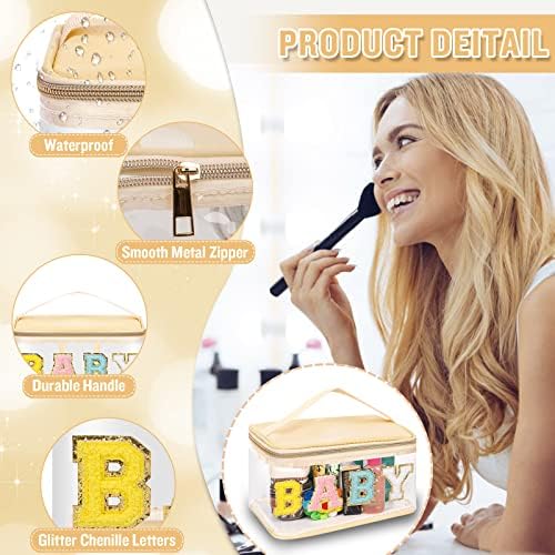 Chenille Letter Clear Makeup Bags Baby Pouch, Preppy Patch Makeup Bag Zipper with Handle, Transparent PVC & Nylon Waterproof Glitter Cosmetic Handbag Travel Toiletry Storage for Women Girl(BABY-Beige) - Image 3