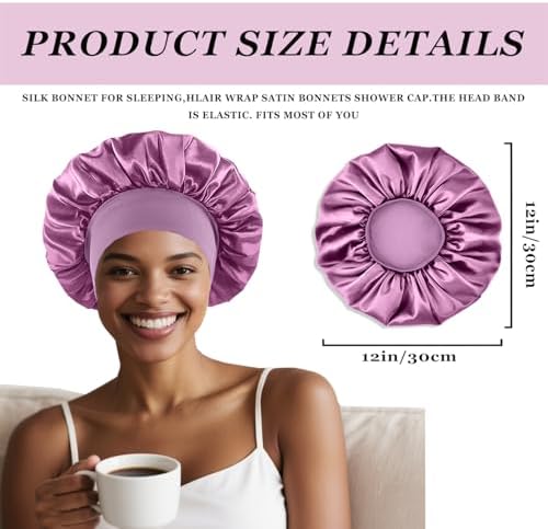 4PCS Silk Satin Bonnets for Black Women & Men - Elastic Wide Band Hair Wrap Cap for Curly Hair - Shower Cap for Sleeping (Black, Blue, Purple, Green) - Image 2