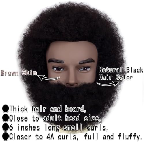 6"Afro Male Mannequin Head with Beard 100% Human Hair Curly Hair 4A Type for Hairdresser Training Head Cosmetology Afro Hair Manikin Head for Practice Styling Cornrow Braiding with Clamp Stand - Image 2