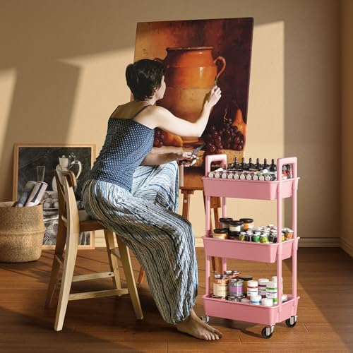 Pipishell 3 Tier Rolling Cart with Handle & Wheels for Storage, Pink - Image 4