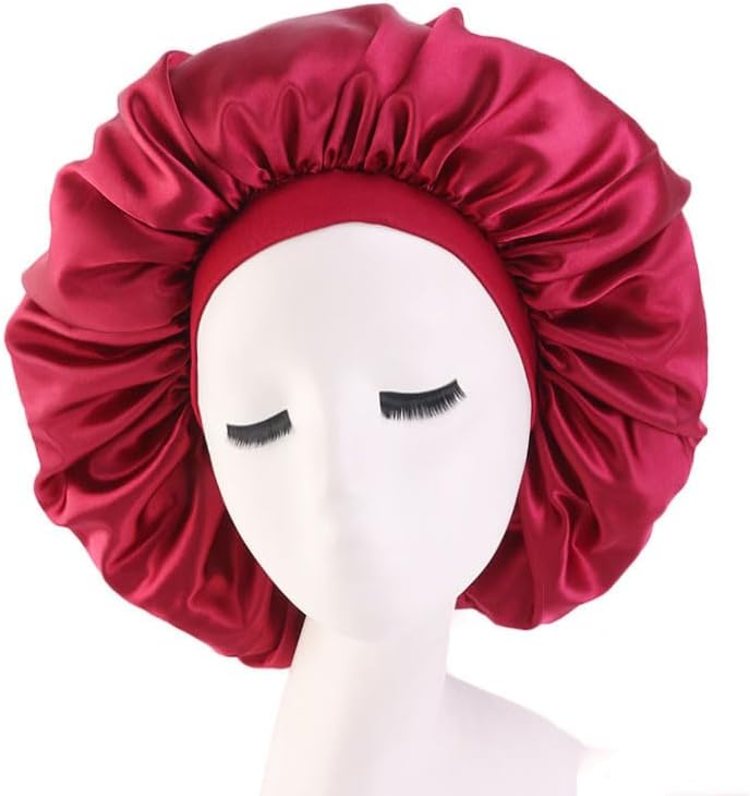 INOGIH Black Silk Satin Bonnets for Women Men Wide Band Hair Wrap Cap for Curly Hair Shower Cap for Sleeping - Image 2