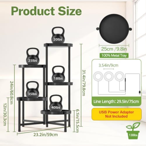 5 Tier Large Plant Stand with Grow Light, 10 Inch Tray, Black - Image 2