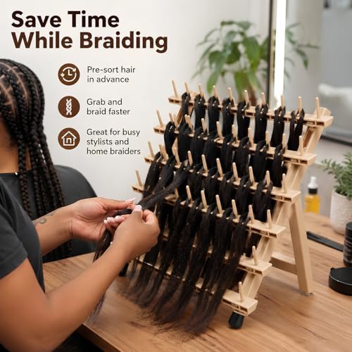 60-Peg Braiding Hair Rack, Foldable Hair Extension Holder, Natural Beige - Image 3