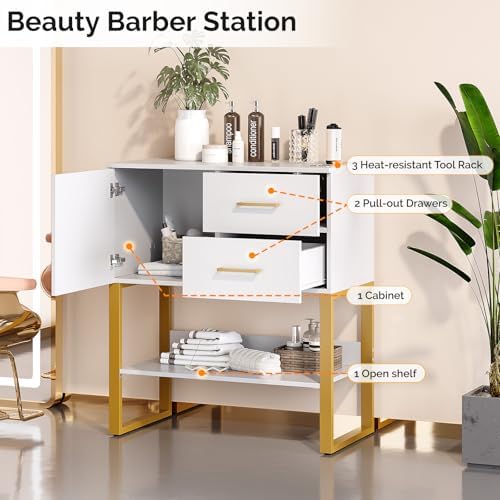 OmySalon Professional Barber Station, Salon Stations for Hair Stylist, Storage Cabinet with 3 Hair Dryer Holders, 2 Drawers, Hairdressing Organizer Table for Beauty Spa Barbershop Home, White Gold - Image 3