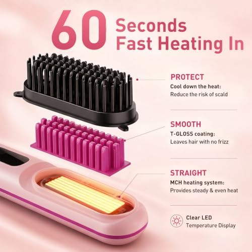2026 Upgraded Cordless Straightening Brush, Go Brush Pro Hair Straightener Brush, MCH Fast Heating, 3 Temp Settings, 4000mAh Type-C Rechargeable Portable Travel Styling Tool (Cherry Blossom Pink) - Image 3