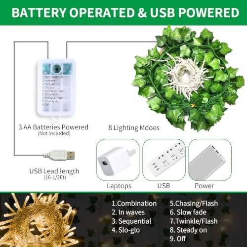 Freyalife Artificial Vines with LED Fairy Lights, 33ft Green Silk Ivy Garland, 8 Light Modes, Remote Control, Indoor Decor for Bedroom, Living Room, Wedding, Party - Image 2