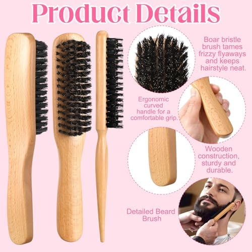 6 Pcs Boar Bristle Slick Back Hair Brush Smoothing Hair Brush for Smooth Frizz Flyaways, Rat Tail Comb Edge Brush Teasing Brush for Men Women - Image 3