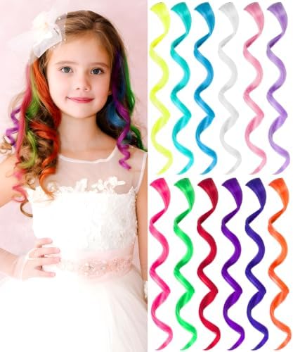 Colored Hair Extensions for Girls Kids, 12 Pcs Colorful Accessories by Olldag