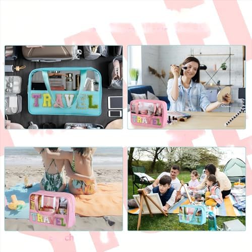 BuyCard Chenille Letter Patch Clear Travel Bags, Preppy PVC&Nylon Makeup Bag with Handle and Zipper, Waterproof Large Clear Travel Toiletry Bag Storage Bag for Women Girls(Pink) - Image 5