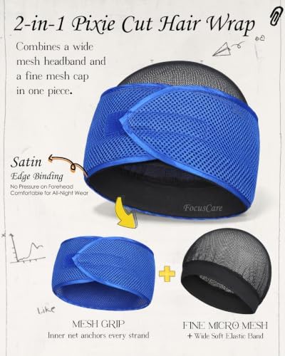 FocusCare 2-in-1 Anti-Slip Hair Wrap for Sleep – Mesh Durag Cap for Pixie Cut Short Hair, Adjustable Hook and Loop Closure - Image 2