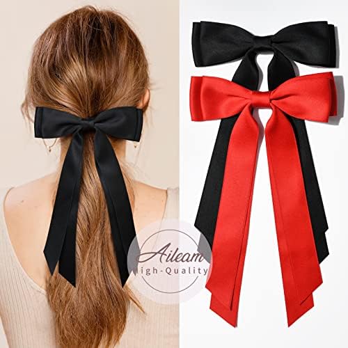 2PCS Silky Satin Hair Bows Hair Clip Black Red Hair Ribbon Ponytail Holder Accessories Slides Metal Clips Hair Bow for Women Girls Toddlers Teens Kids - Image 4