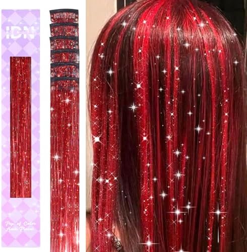 IDN BEAUTY Hair Tinsel Clip In Red Sparkle Hair Extensions 24 Inch 6pcs by IDNBEAUTY