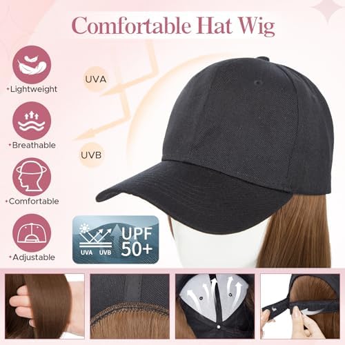 SEGO Baseball Cap with Hair Extensions for Women Heat Resistant Synthetic 6" Adjustable Short Straight Hairpiece Replacement Wigs in Black Hat for Girls 10A Light Brown - Image 2