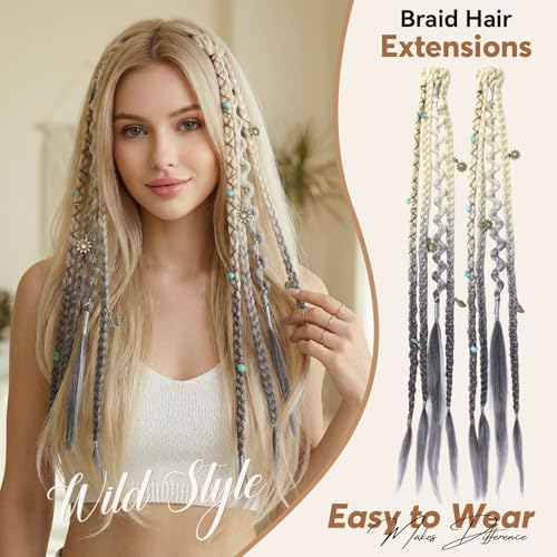 16" Clip in Braid Hair Extensions for Women (Light Blonde to Grey) - Image 3