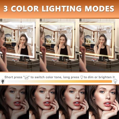 Hasipu Vanity Mirror with Lights, 32" x 24" LED Makeup Mirror, Lighted Makeup Mirror with Dimmable 3 Modes, Touch Screen Control Vanity Mirror Square White - Image 3