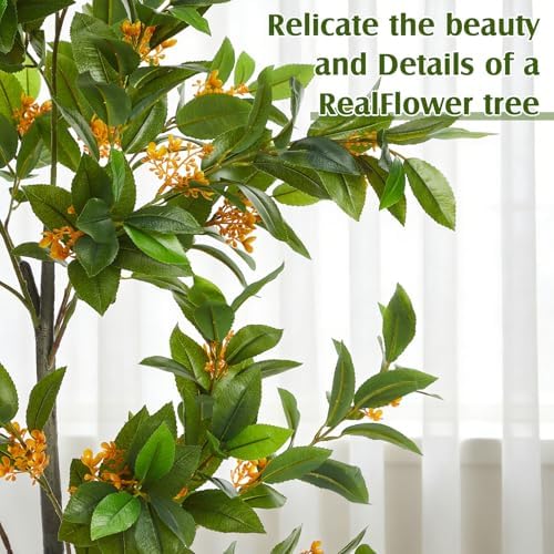 Daifunli 5ft Artificial Flower Tree Indoor Faux Osmanthus Tree Realistic Osmanthus Plants in Pot with Orange Flowers Lifelike Fake Floor Plant for Indoor Outdoor Home Living Room Office Wedding - Image 5
