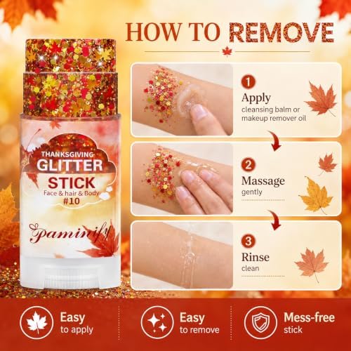 Orange Fall Leaf Thanksgiving Hair Face Glitter Stick,Orange Red and Gold Fall Body Glitter Stick,Autumn Holographic Mixed Color Maple Leaf for Thanksgiving Party Chunky Glitter Makeup - Image 6