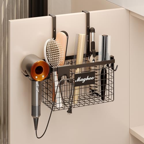 Magheo Hair Dryer Holder Cabinet Door 3-in-1 Adhesive Hair Tool Organizer Wall Mounted Adjustable Height Blow Dryer Holder Under Sink Bathroom Hair Appliance Organizer and Storage Countertop(Black) by MAGHEO