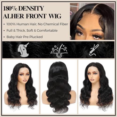 ALHER Small Cap Lace Front Wigs Human Hair Pre Plucked Body Wave, 13X4 HD Transparent Lace Frontal Wigs With Baby Hair 150% Density, Small Cap Size 21-21.5 Natural Black Wavy Wig for Black Women 16 IN - Image 4