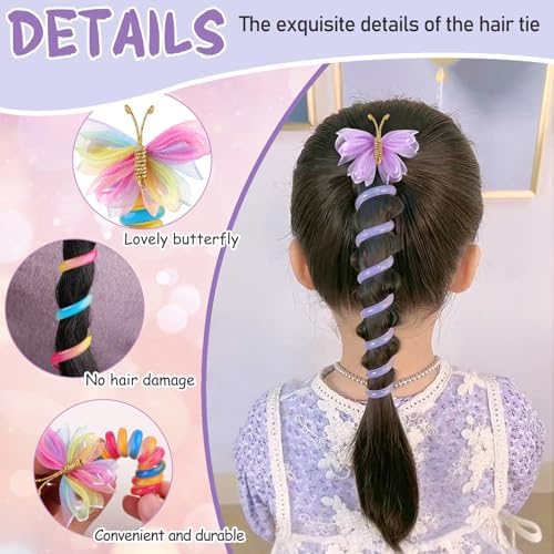 8 Pcs Butterfly Telephone Wire Hair Bands for Kids Girls Colorful Butterfly Spiral Hair Ties Phone Cord for Kids Butterfly Braided Ponytail Hair Bands DH- (Mesh) - Image 2