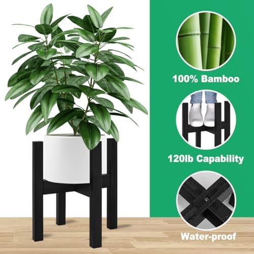 Rnined Adjustable Plant Stand Indoor,Bamboo Mid Century Modern Plants Stands, Stable Plant Holder,Fit 8 9 10 11 12 inch Pots (Pot & Plant Not Included)(Black) - Image 2