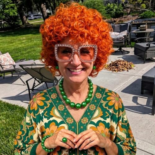 Short Orange Red Curly Wig and 70s Jewelry Set with Sunglasses for Women Adults 70s Retro Housewife Cosplay Halloween Party Accessories (Green Jewelry) - Image 4