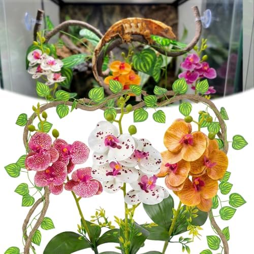 5 Pcs Reptile Plants & Habitat Decor Kit - 3 Artificial Phalaenopsis Orchid & Large 5ft Jungle Vine Branch, Terrarium Tank Decor & Climbing Accessories for Crested Gecko, Bearded Dragon by FuntinshdyBrand