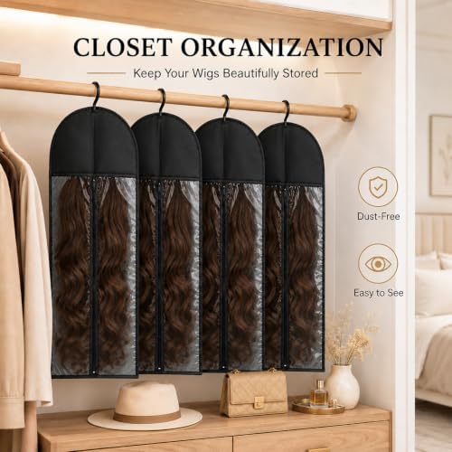 4 Pcs Wig Storage Bags, Hair Extension Holder with Hanger for Multiple Wig - Image 4